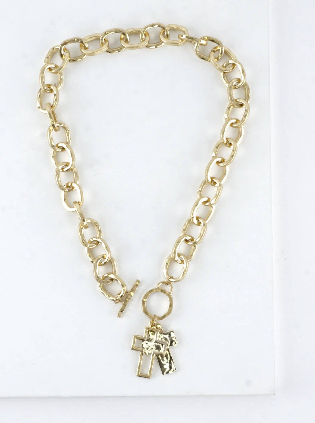Chunky Hammered Two Cross Toggle Pendant Necklace