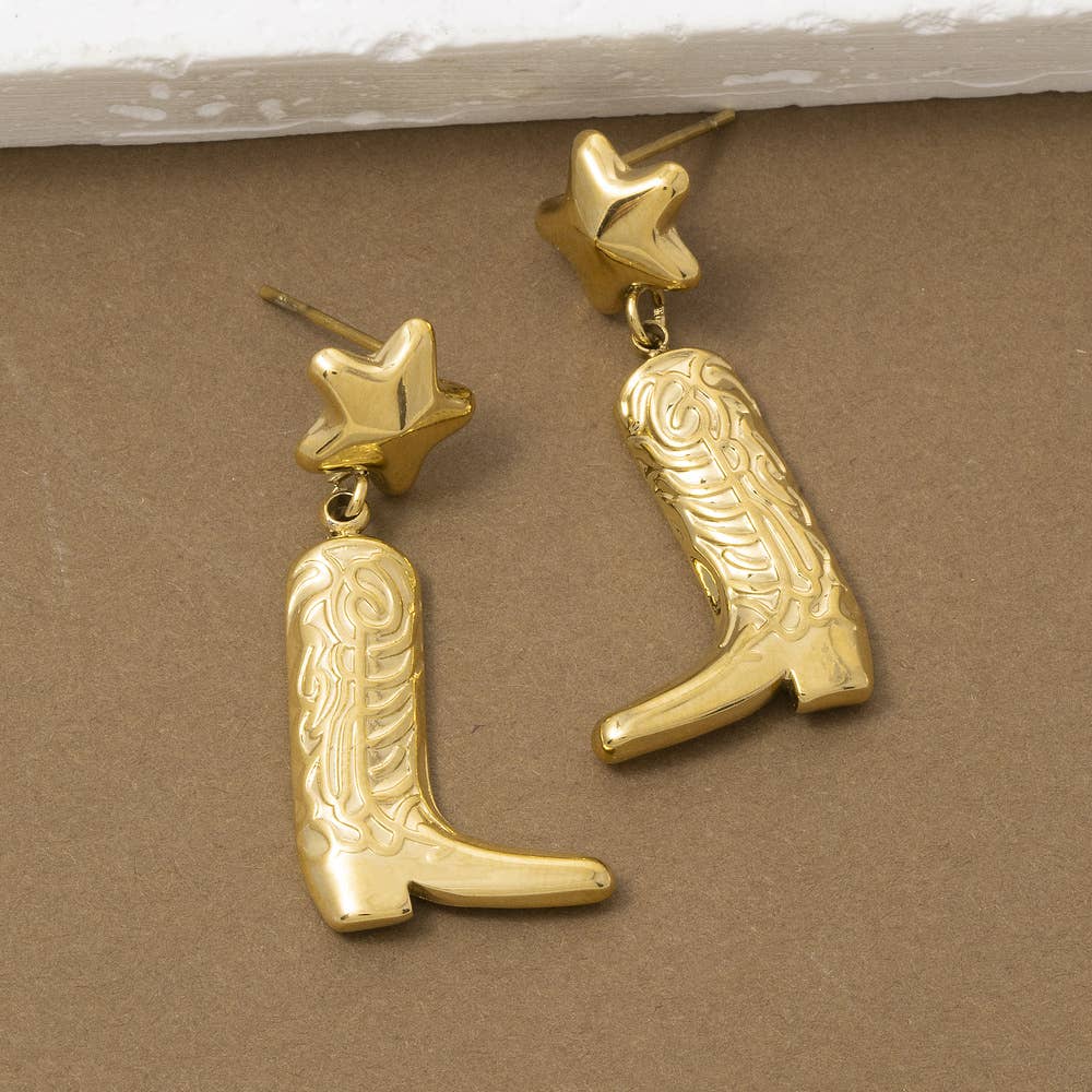 Gold Dipped Western Star And Cowboy Boot Drop Earrings