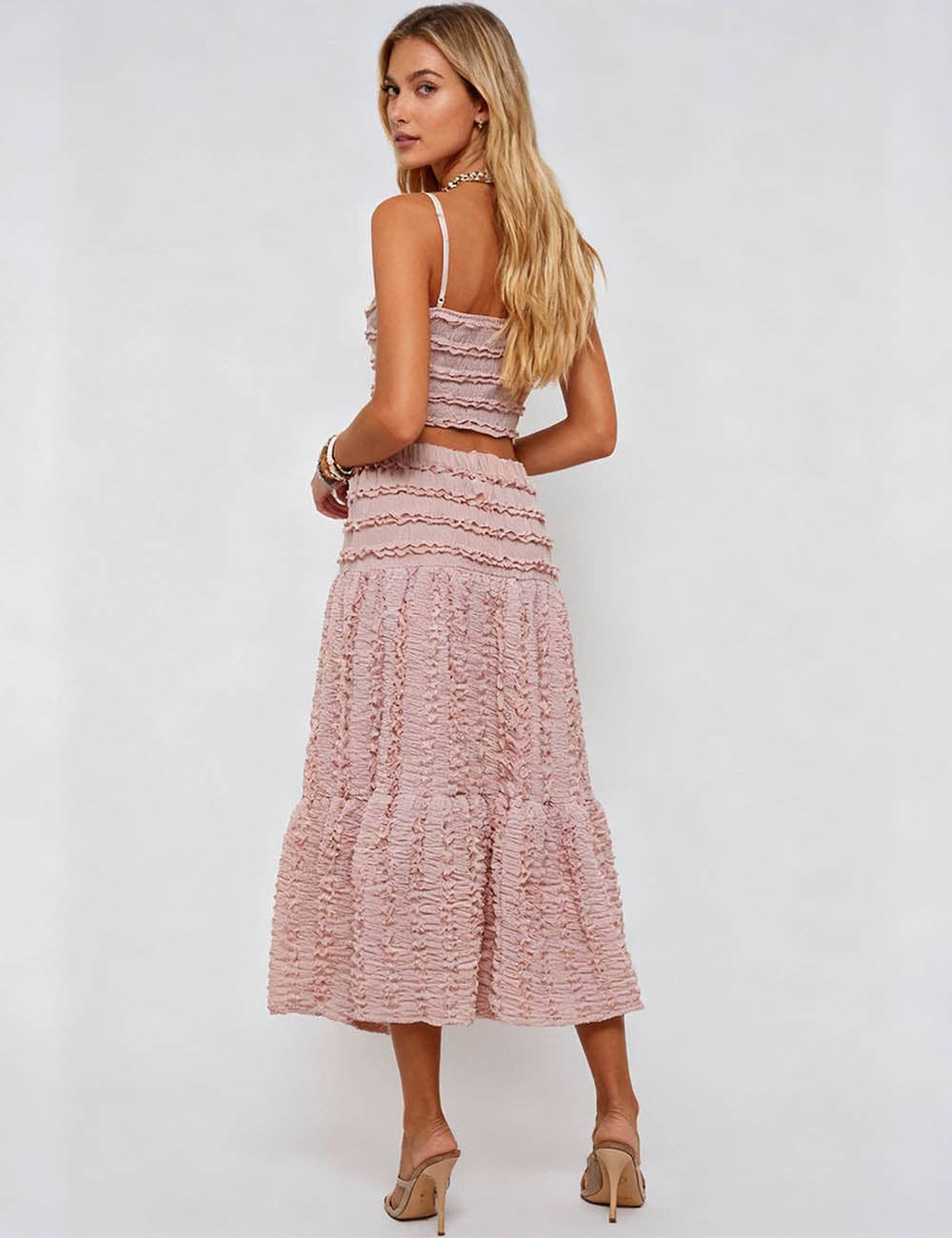 Ladies Romantic Wrinkle Ruffle Cami Top & Tiered Maxi Skirt Set