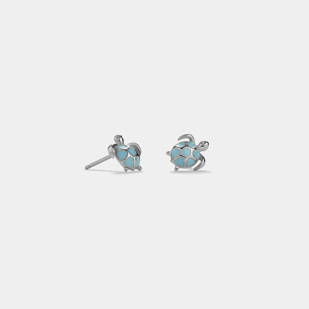 Blue Sea Turtle Beach Stud Earrings in 925 Sterling Silver