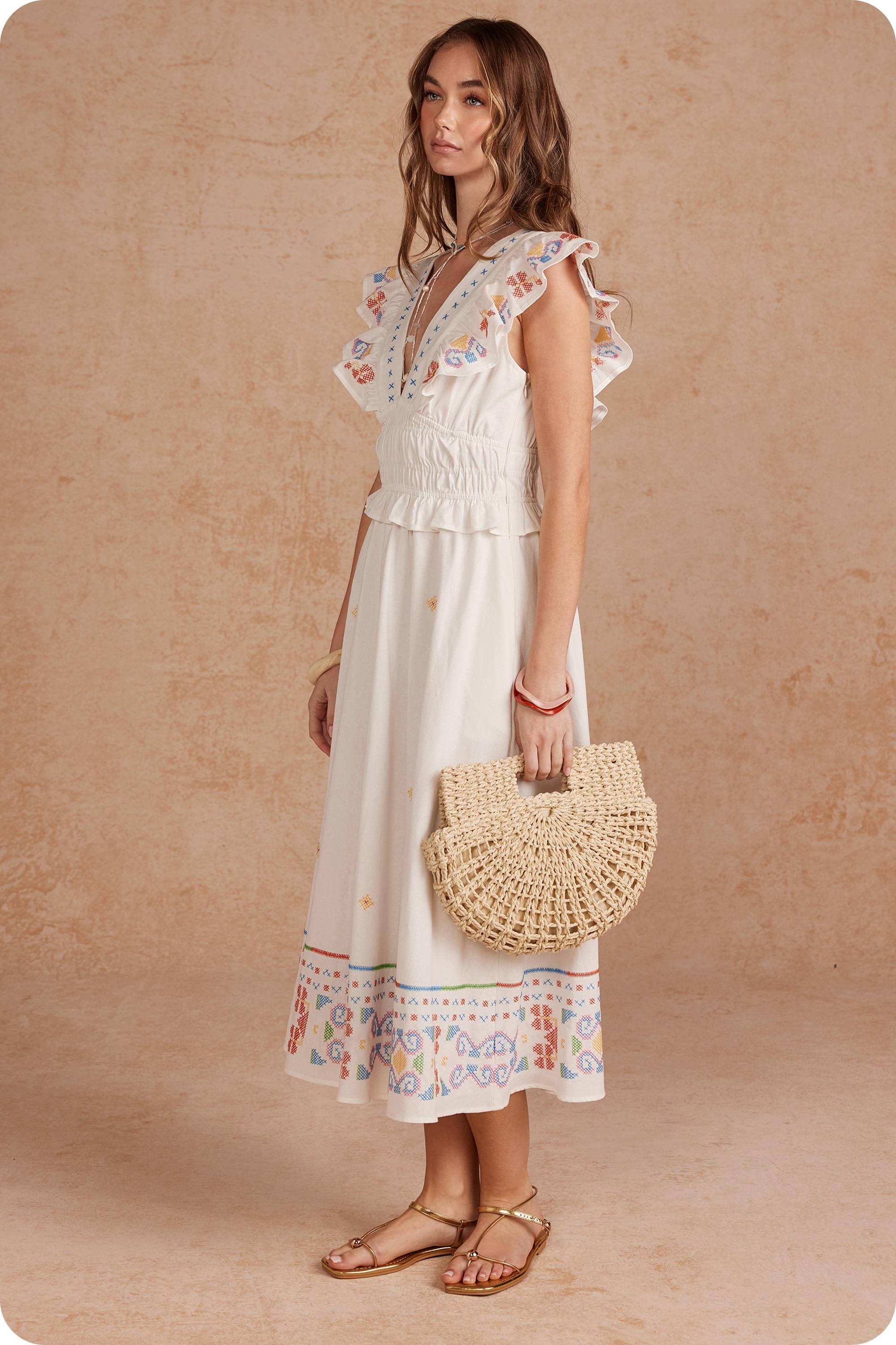 Cross-Stitch Embroidered Flutter Sleeve Midi Dress