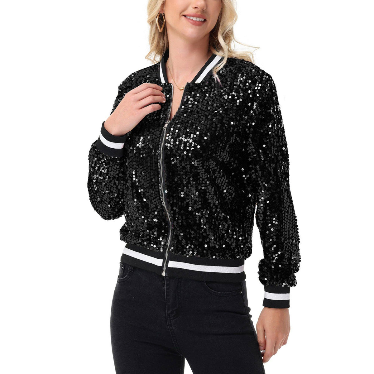 Game Day Sequin Bomber Jacket with Ribbed Trim and Front Zip