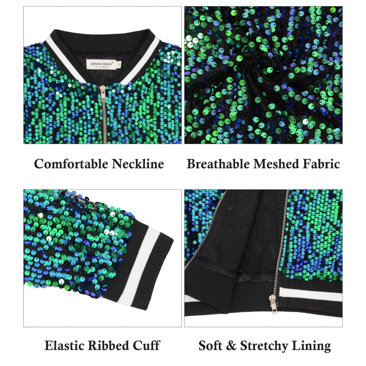 Game Day Sequin Bomber Jacket with Ribbed Trim and Front Zip