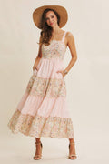 DREAMY IDEAL TIERED MIDI DRESS MIXED IN FLORALS AND STRIPES