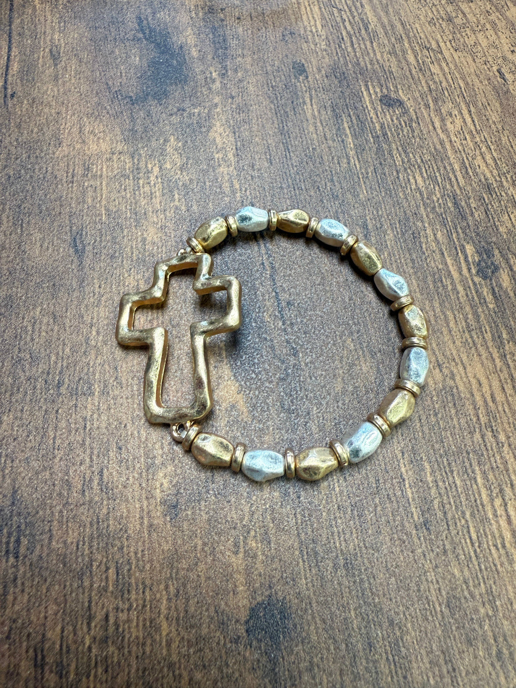 Gold or Silver Hammered Cross Mixed Metal Stretch Bracelet