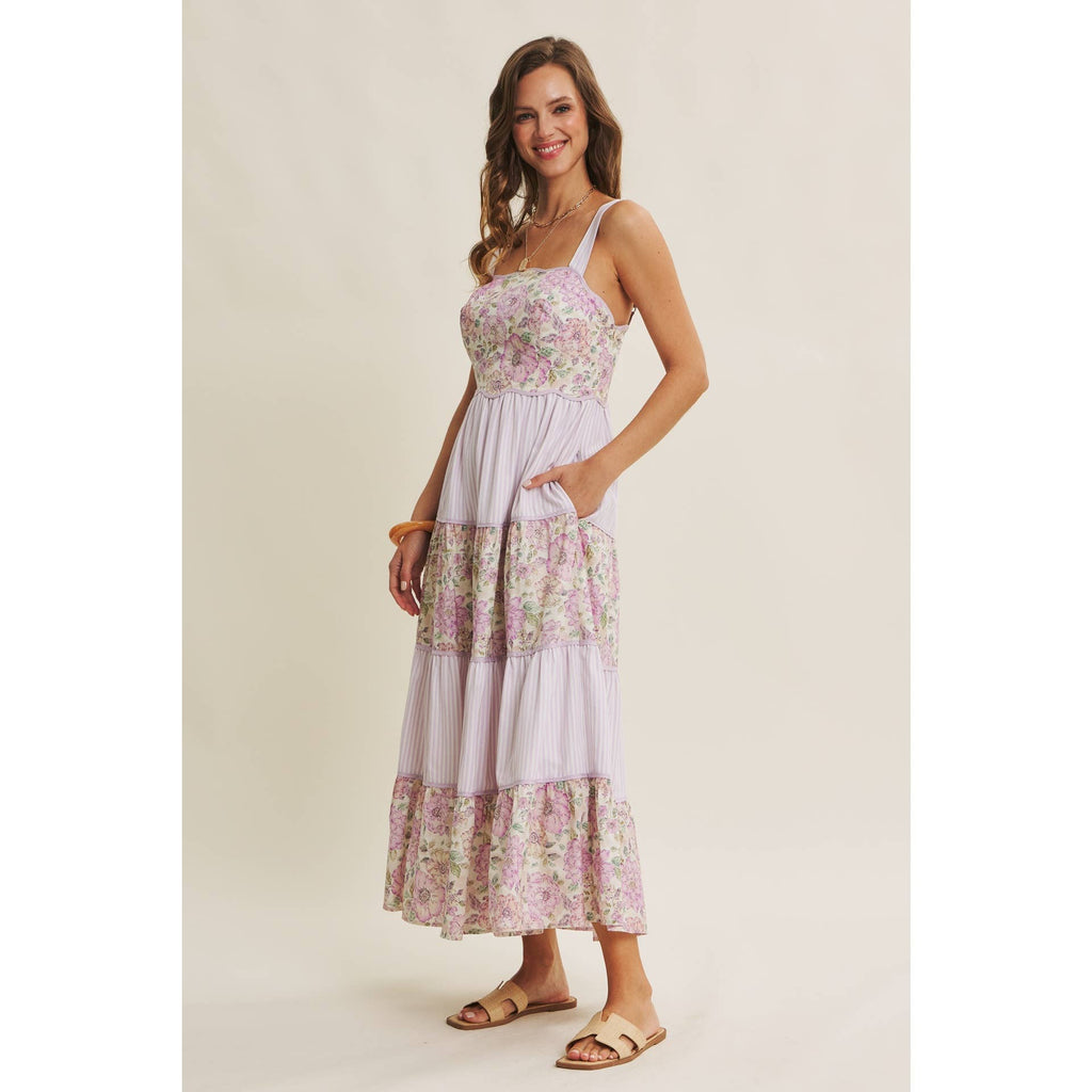 DREAMY IDEAL TIERED MIDI DRESS MIXED IN FLORALS AND STRIPES