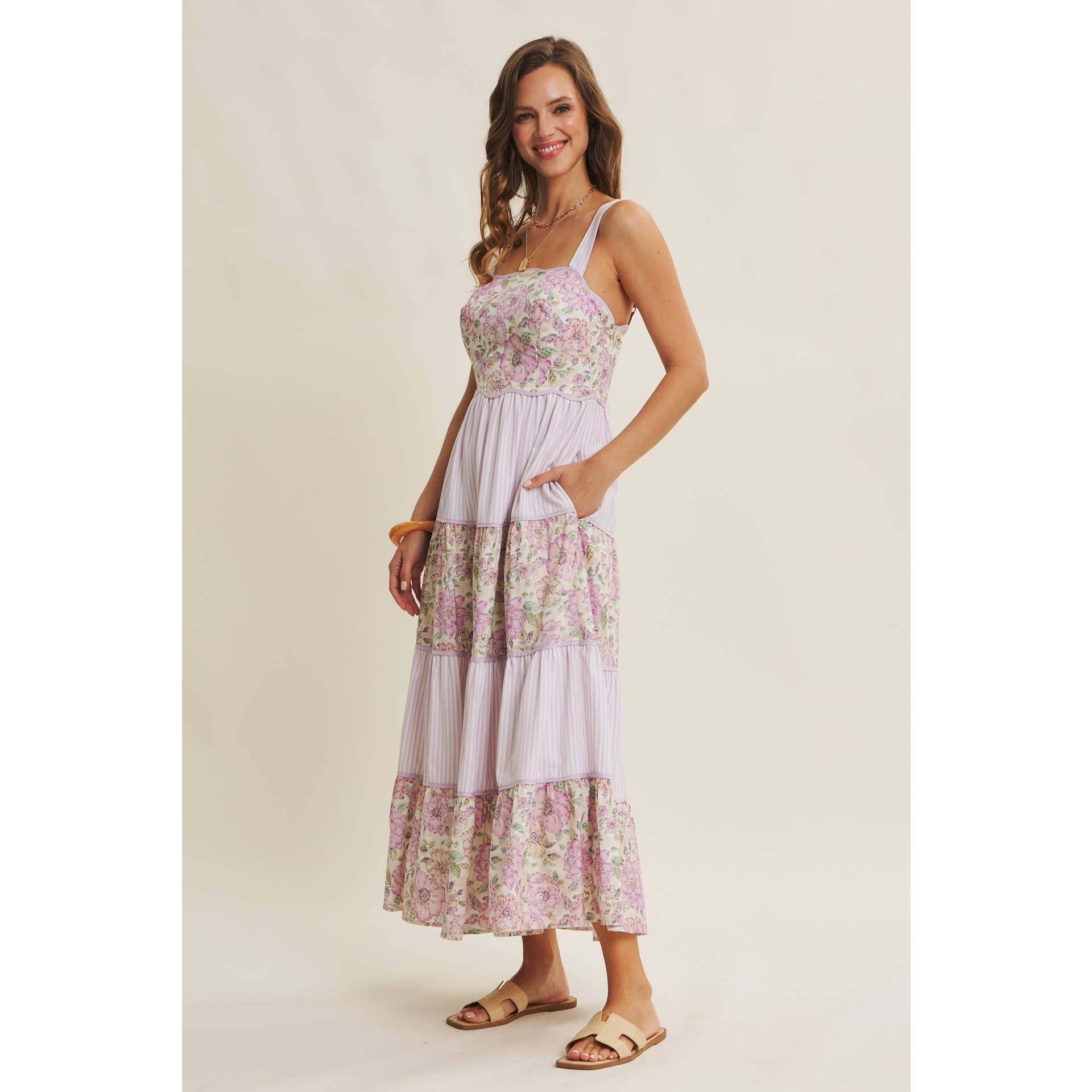 DREAMY IDEAL TIERED MIDI DRESS MIXED IN FLORALS AND STRIPES