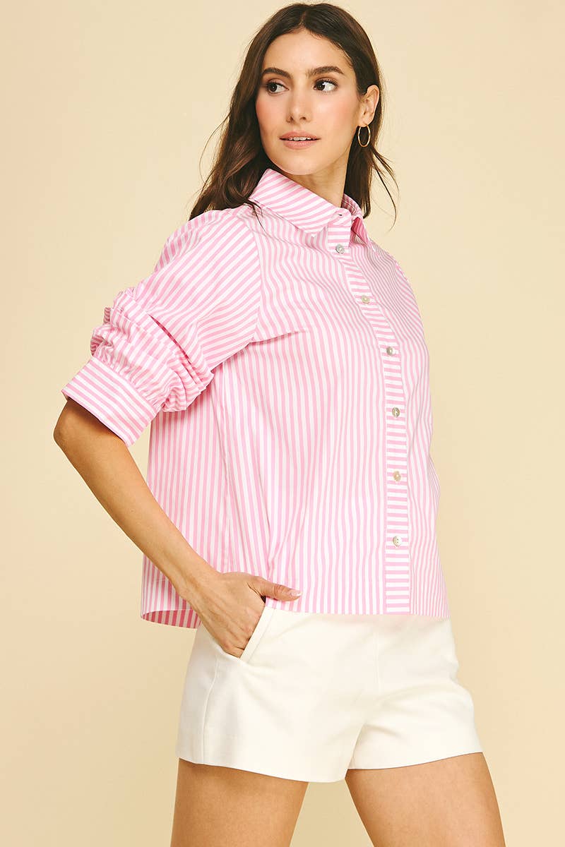 RUCHED SLEEVE STRIPED BUTTON DOWN SHIRT - 7061T