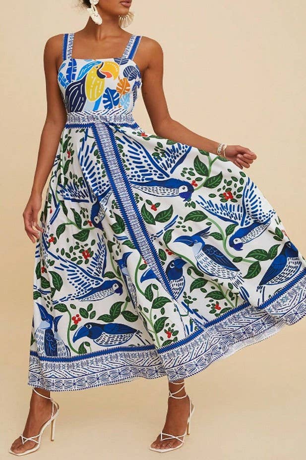 Boho Tropical Birdie Blue floral print strappy flare dress