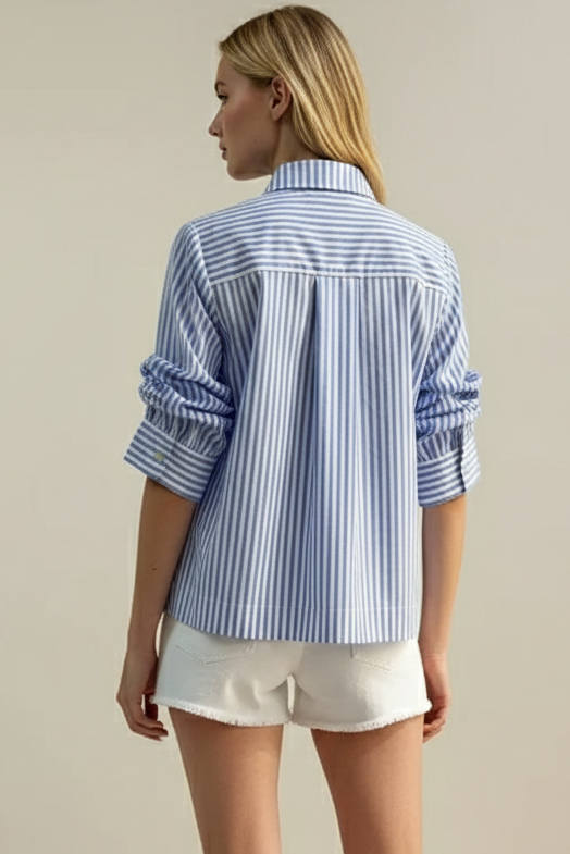 RUCHED SLEEVE STRIPED BUTTON DOWN SHIRT - 7061T