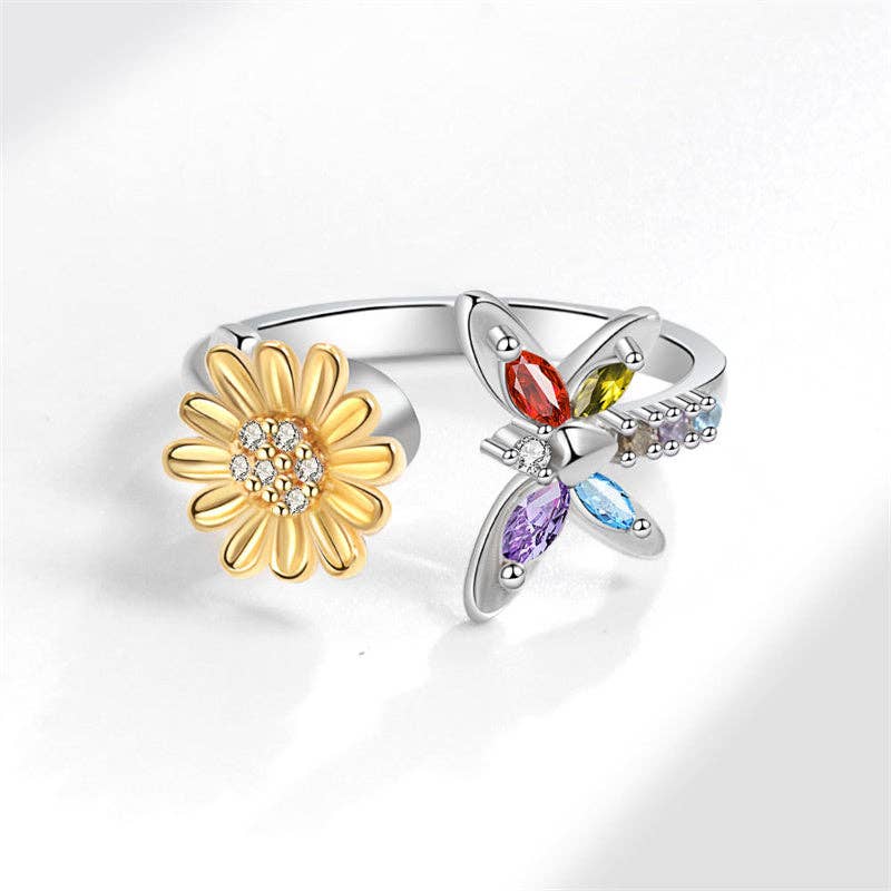 Gold Sunflower Dragonfly Fidget Spinner Ring in Solid Copper