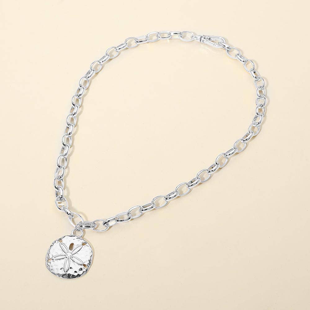 Hammered Metal Sand Dollar Pendant Chunky Chain Necklace