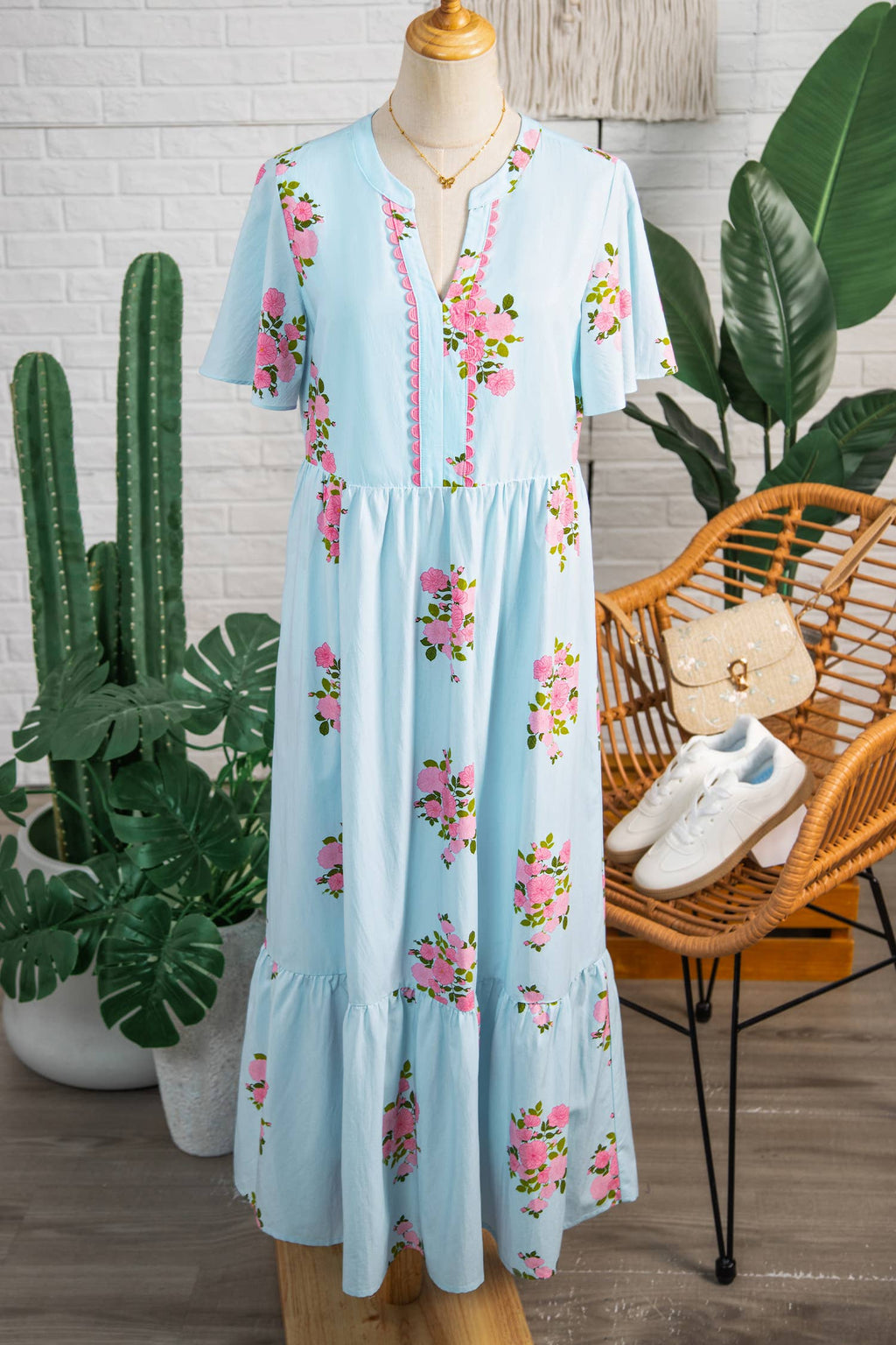 Spring 2026 Floral Ricrac Trim Notched Neck Maxi Dress|S-4X