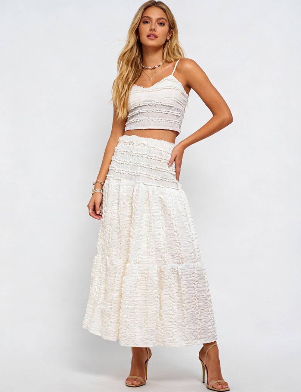 Ladies Romantic Wrinkle Ruffle Cami Top & Tiered Maxi Skirt Set: Apricot / L