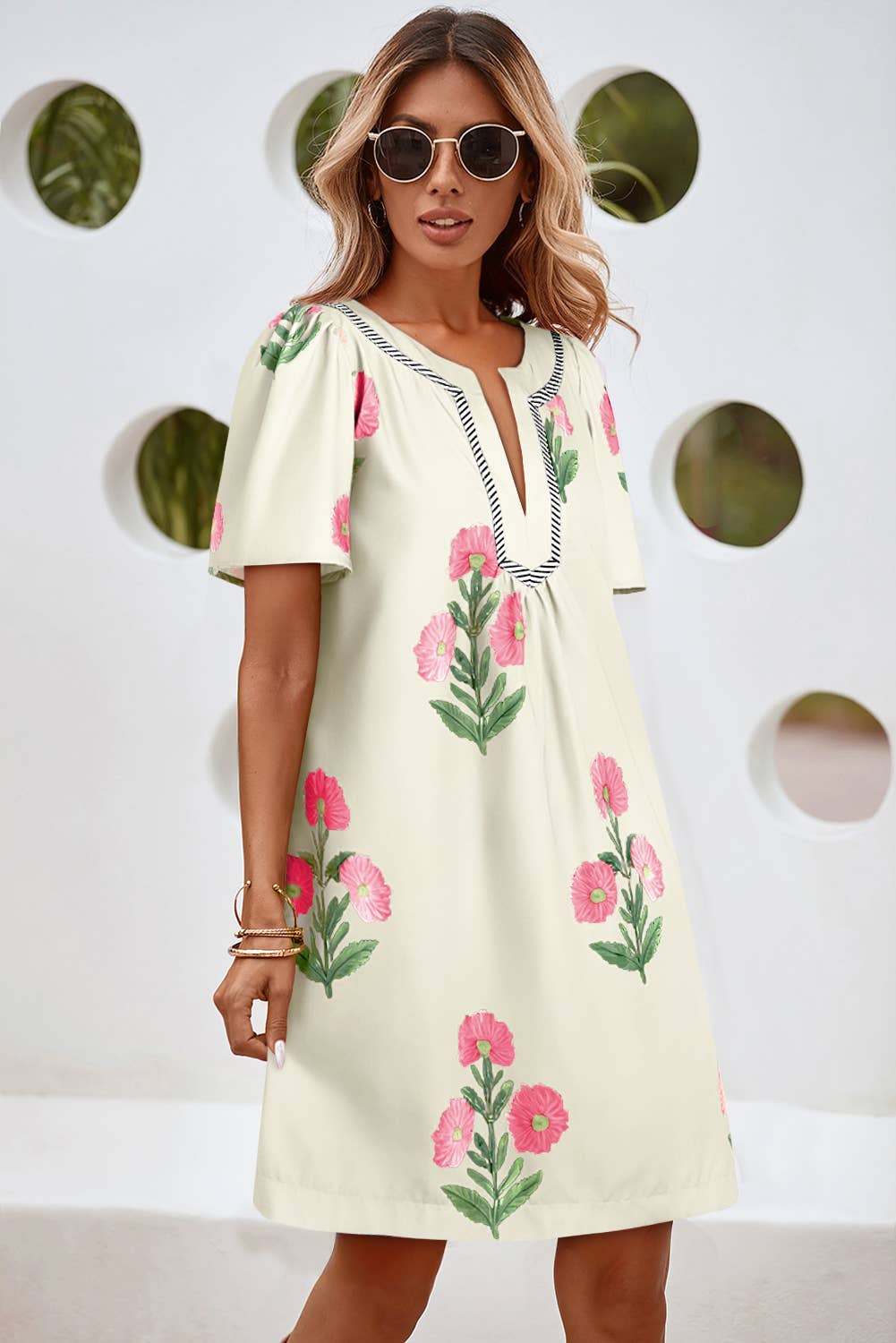 LDC Floral Short Sleeve Split Neck Mini Dress