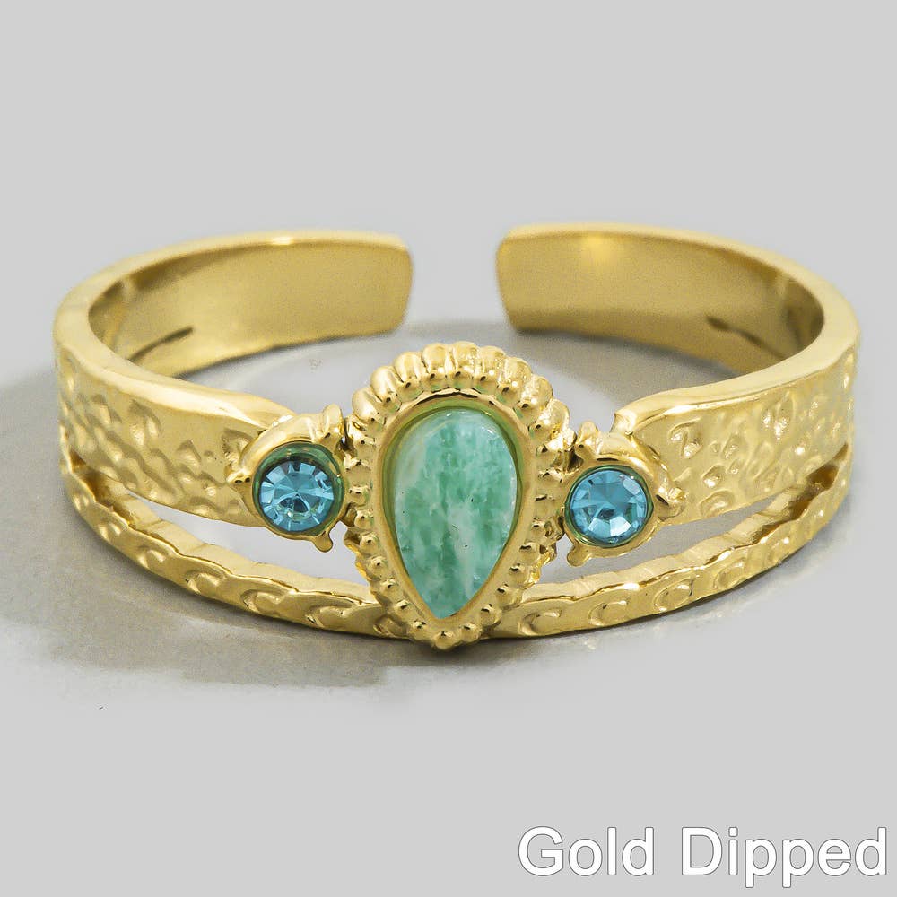Gold Dipped Amazonite Stone Hammered Wide Cuff Ring