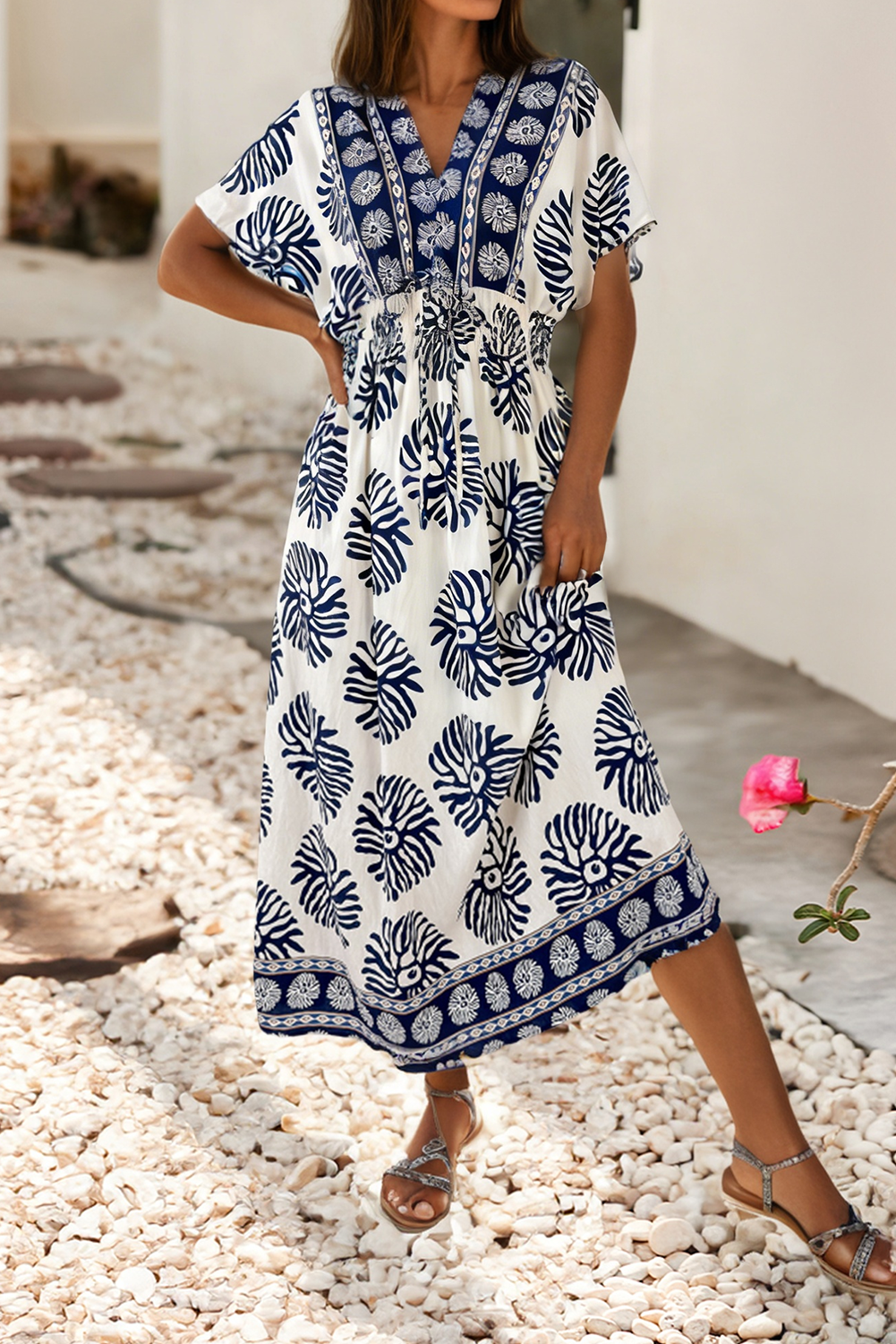 LDC Floral Print Contrast Patchwork V Neck Dolman Maxi Dress