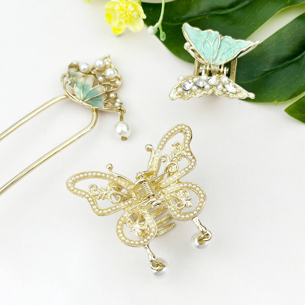 Pearl Butterfly Hair Accessory, Metal Hair Claw & Hair Stick