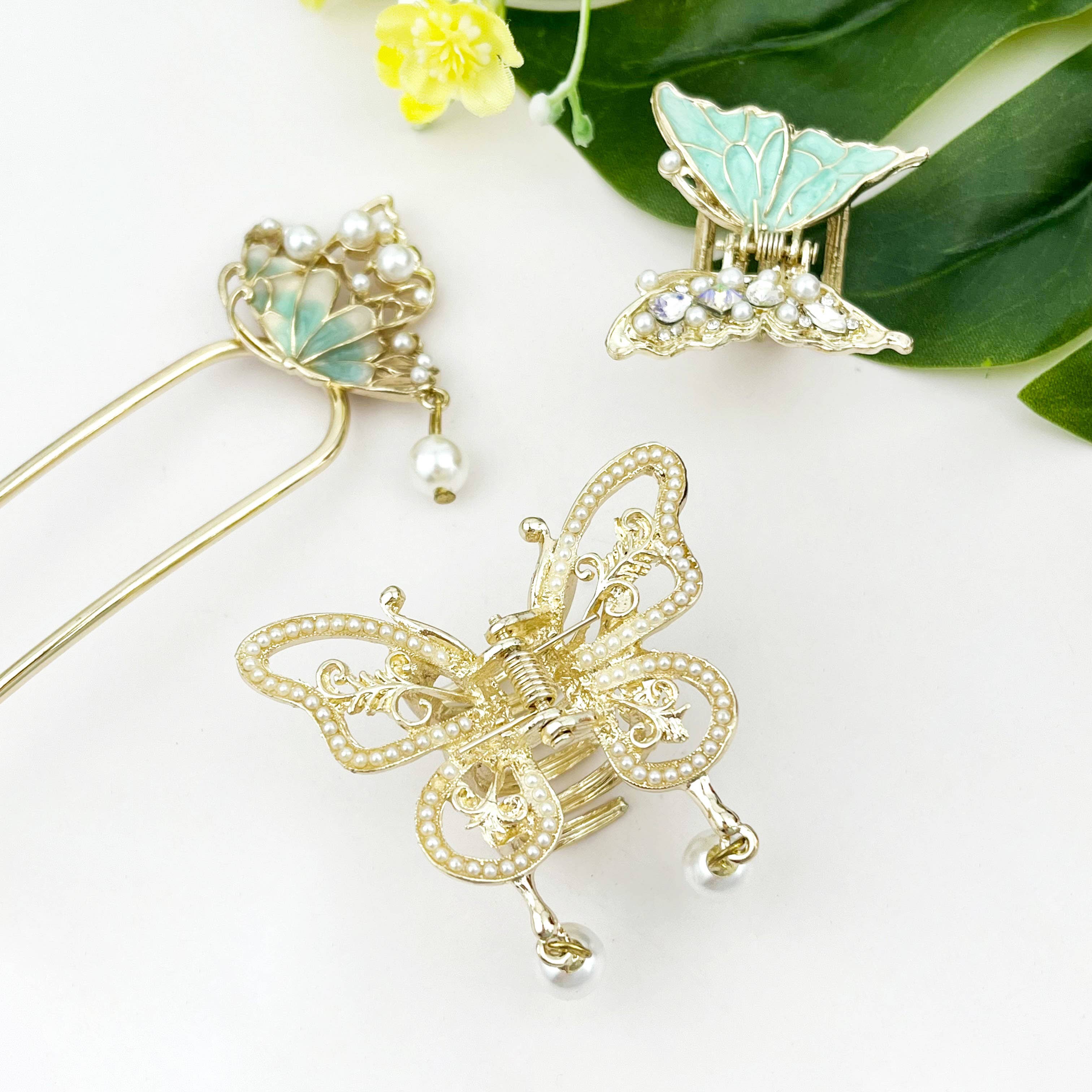 Pearl Butterfly Hair Accessory, Metal Hair Claw & Hair Stick
