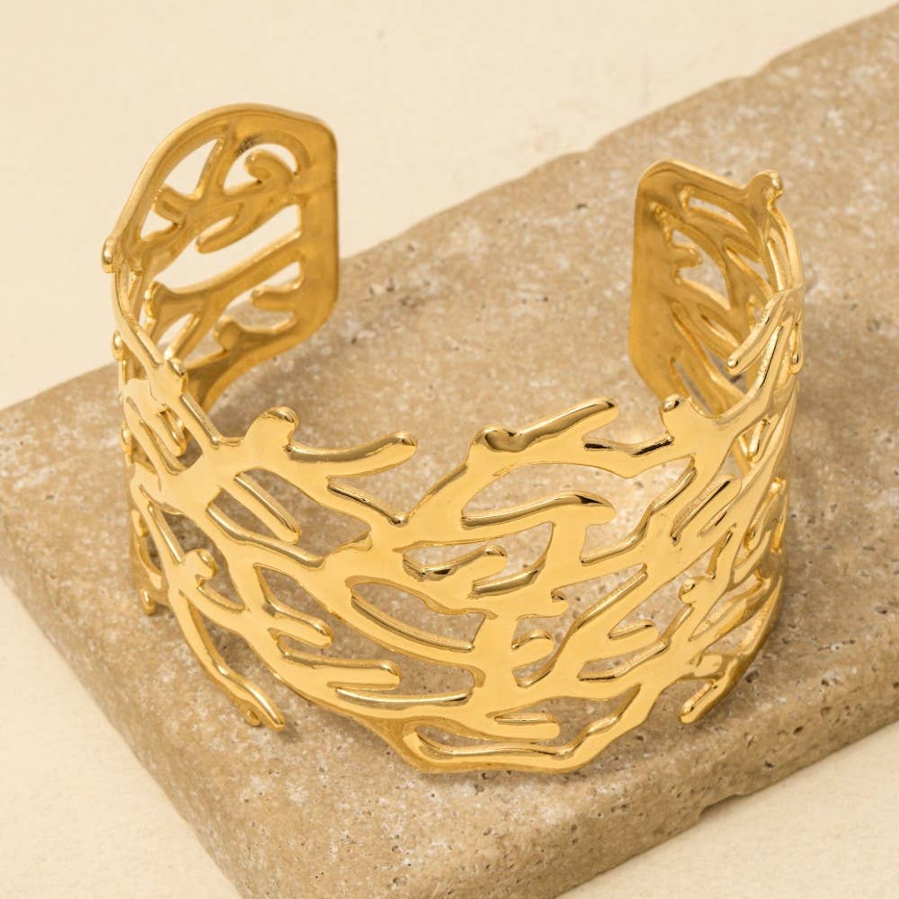 Stainless Steel Coral Pattern Wide Cuff Bracelet