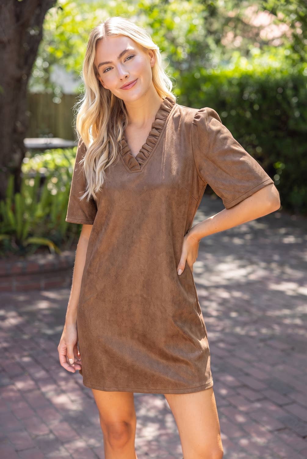 37100 Ruffled V-Neck Solid Faux Leather Shift Dress